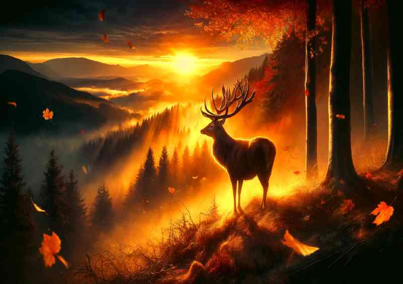 Majestic stag its antlers aglow with golden light standing at the edge