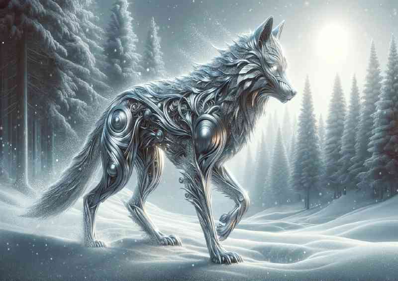 Metallic Wolf its body intricately silver and graphite textures