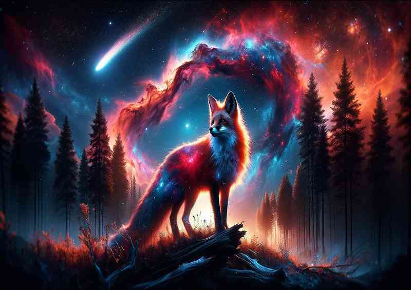 Mysterious Fox its fur a cosmic dance of vivid reds and ethereal blues