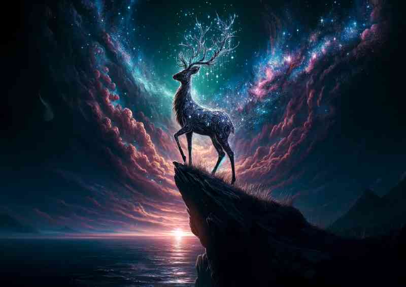 Mystical Deer its antlers a cascade of falling stars and cosmic dust