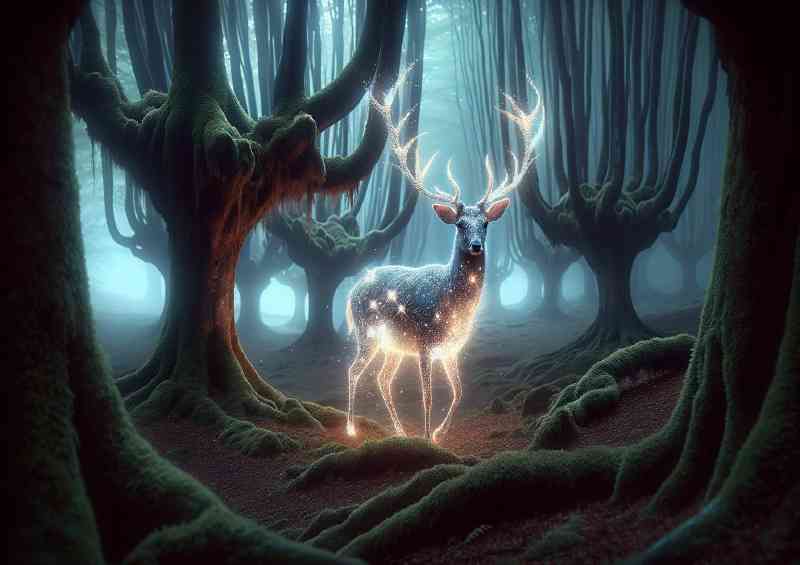 Mystical Deer with glowing antlers standing in a misty woodland