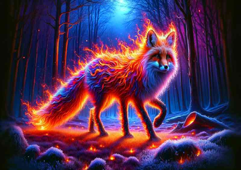 Mystical Fox its fur a cascade of vibrant flames and embers