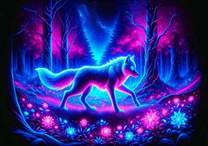 Mystical neon wolf its fur outlined in glowing blue