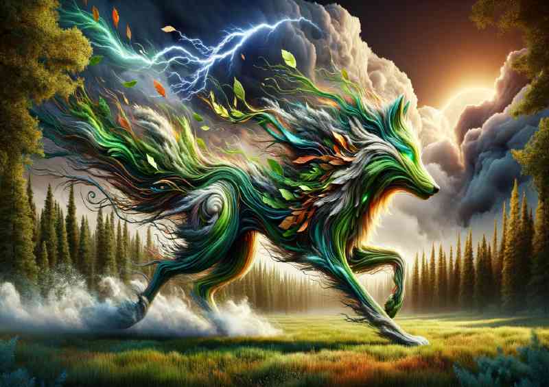 Mythical Wolf made of swirling wind and leaves racing across a forest