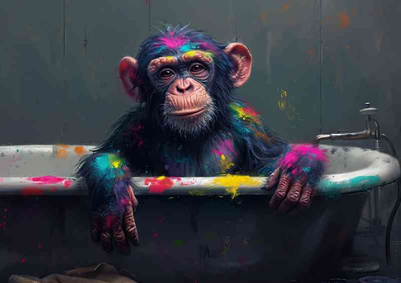 Paint splattered monkey is sitting in the bath