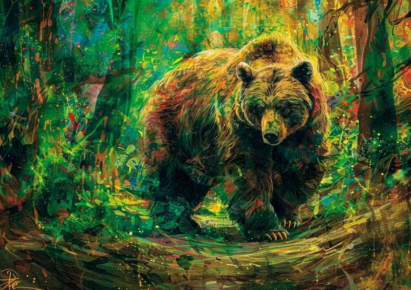 Painted style of a big bear on a forest