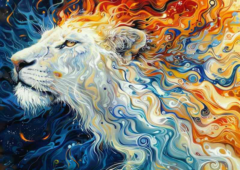 Painting style of a white lion with fire around