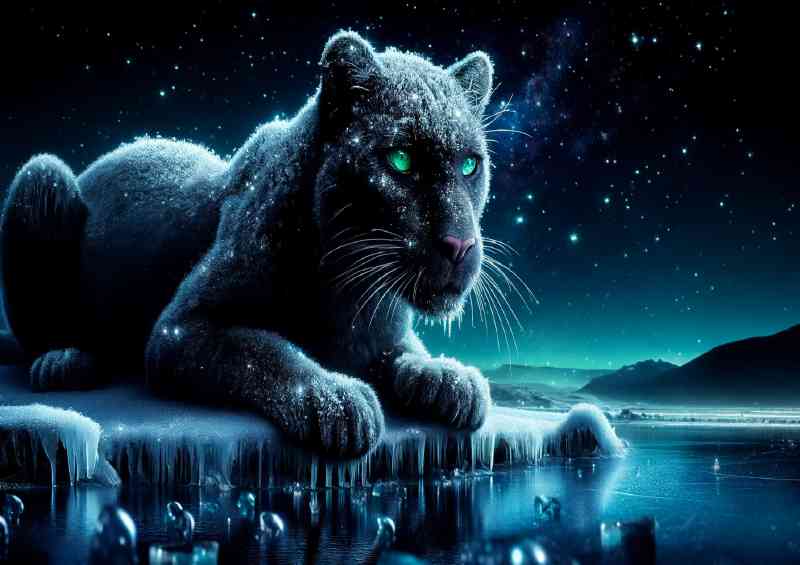 Panther sparkling frost crouched on a frozen waterfall