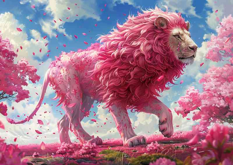 Pink blooming leaves and a Pink Lion walking