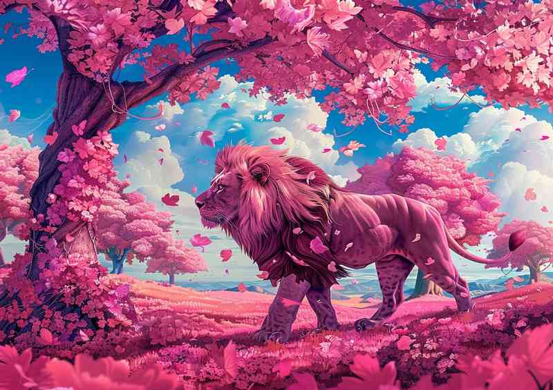 Pink blooming leaves from the trees and a Lion
