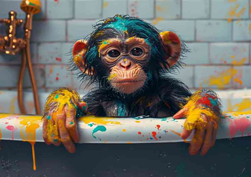 Playful monkey playing with paints