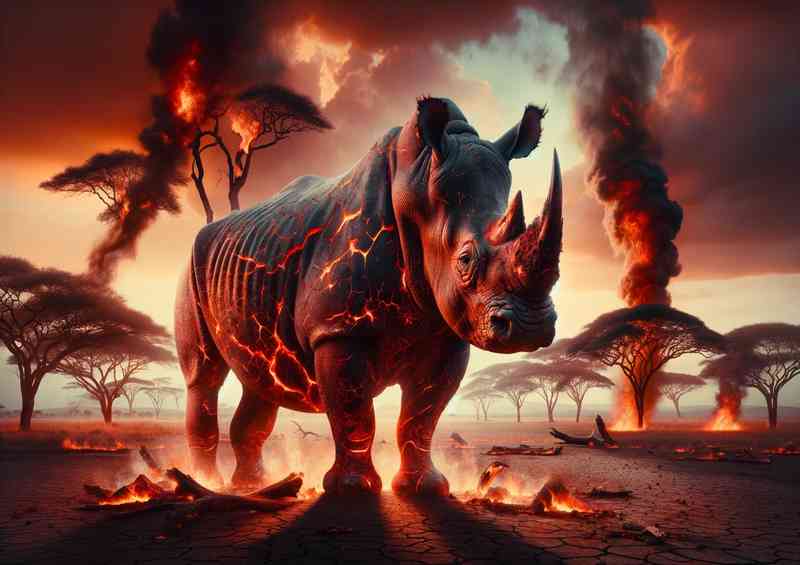 Powerful Rhinoceros its skin a tapestry of fiery lava cracks