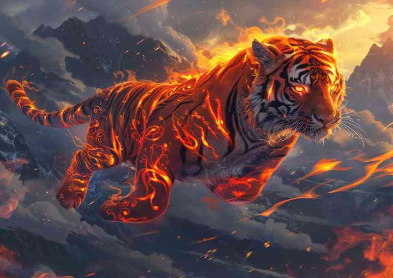 Red Tiger with orange and black flames intricate