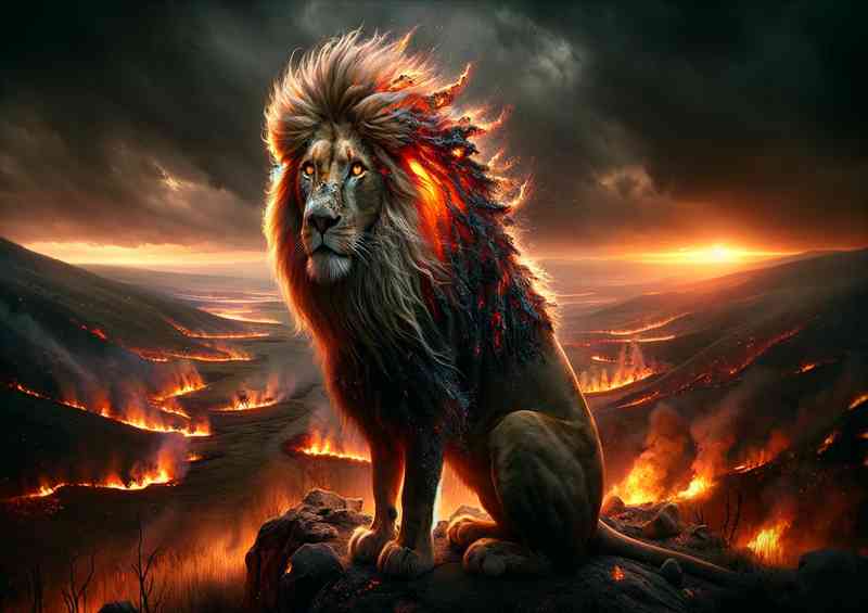 Regal Lion its mane a cascade of glowing embers