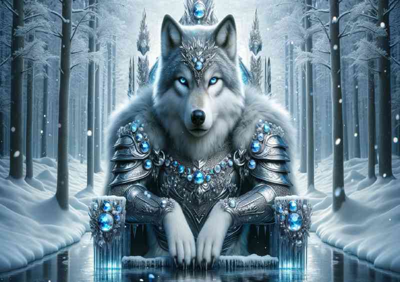 Regal Wolf adorned with silver armor seated on a crystal throne