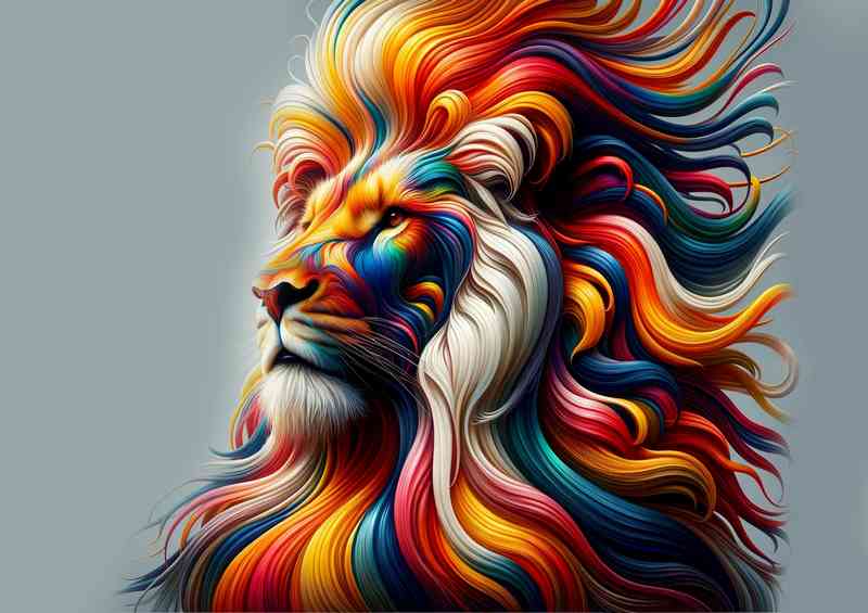 Regal lion whose mane is composed of flowing multicolor