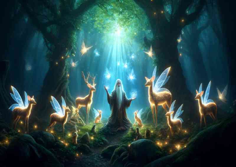 Sage surrounded by magical creatures in an enchanted forest