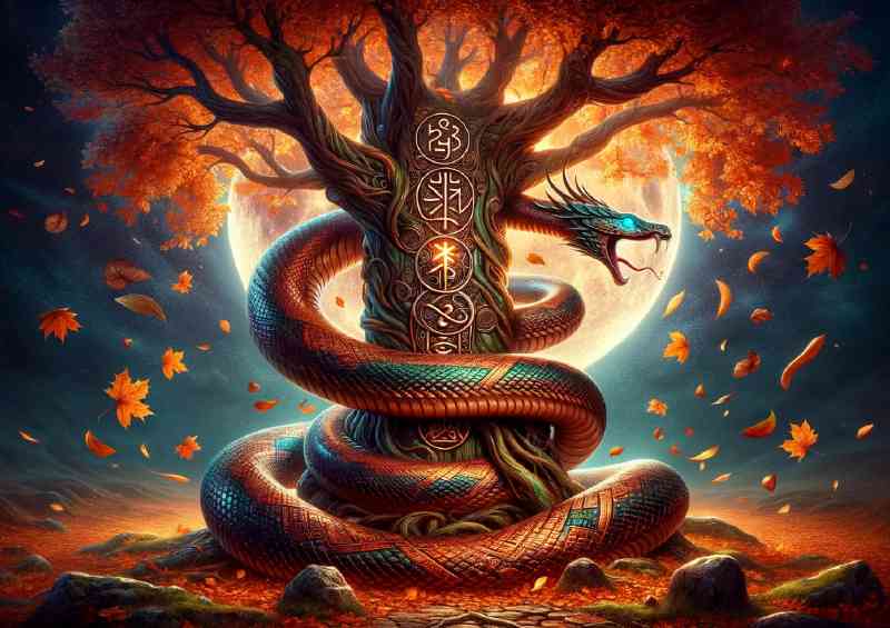Serpent coiled around an ancient rune inscribed tree