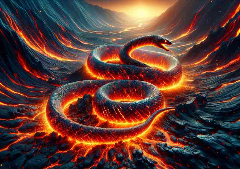 Serpent made of flowing lava a charred volcanic landscape
