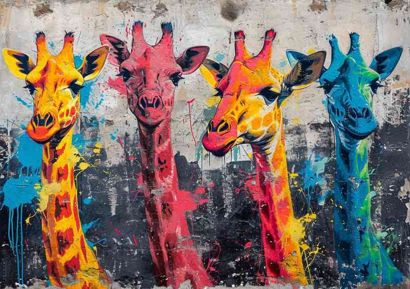 Set of coloured giraffes splashed art