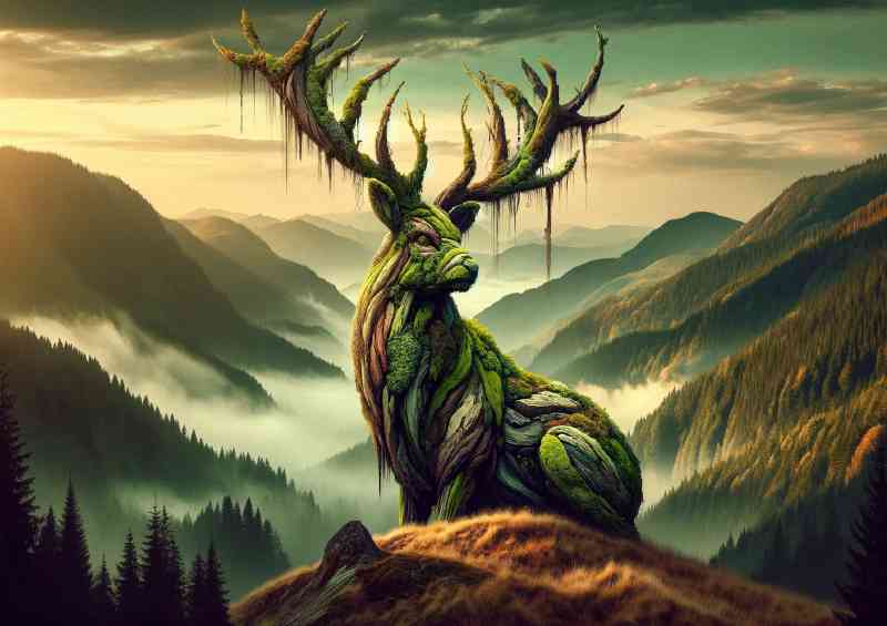 Stag its antlers and body composed of living stone and moss