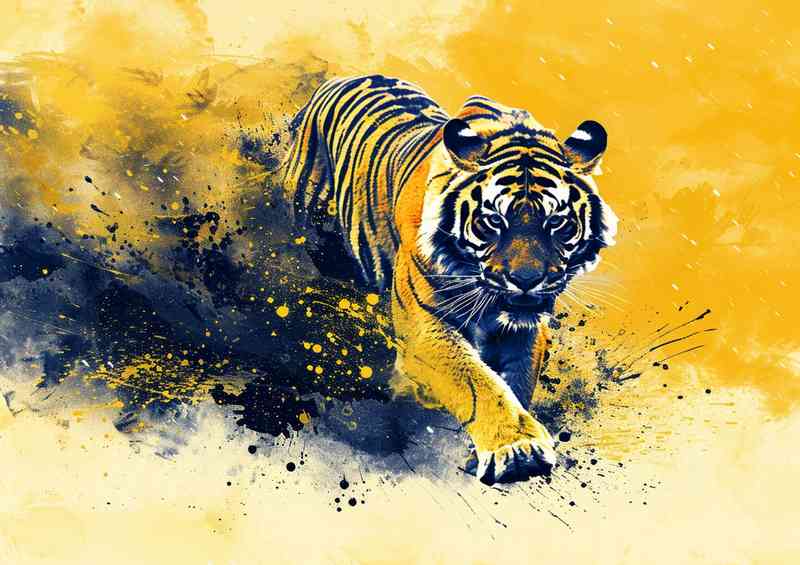 The Tiger runs in a dark and yellow