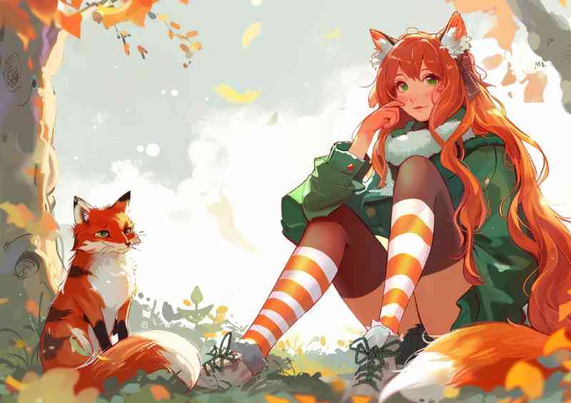 The foxes and the red haired girl on the ground
