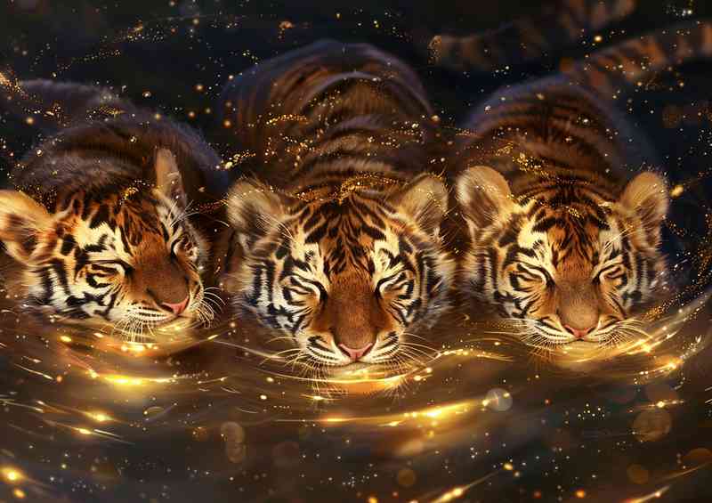 Three tiger babies are floating in some golden water