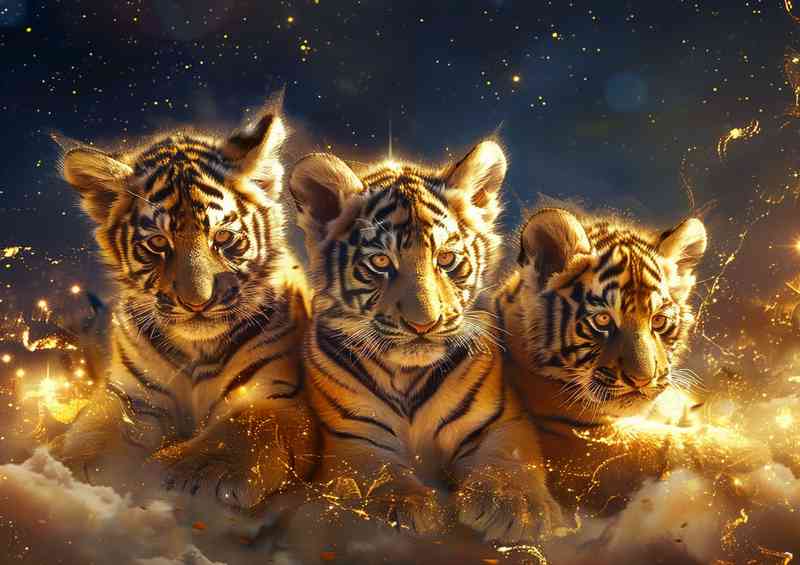 Tiger cubs in golden light in the night sky