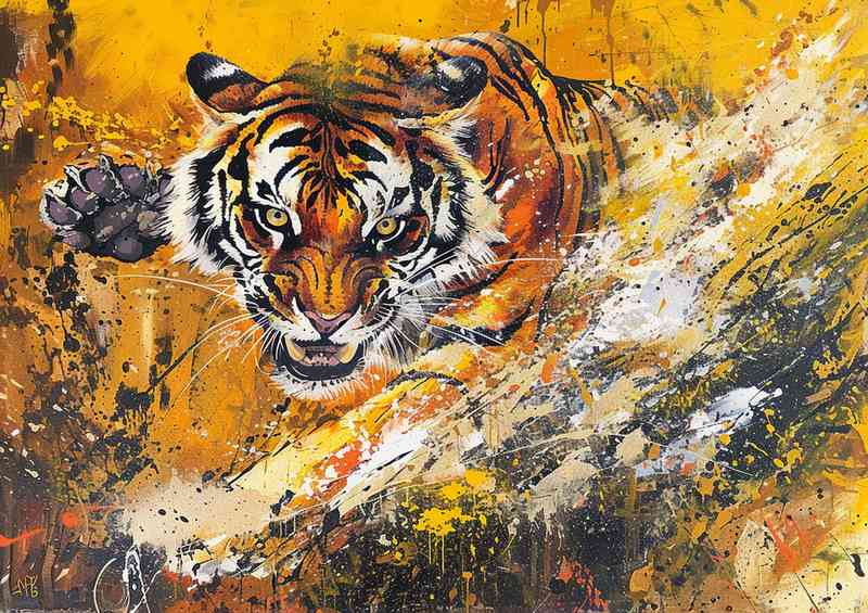 Tiger flying through an open space