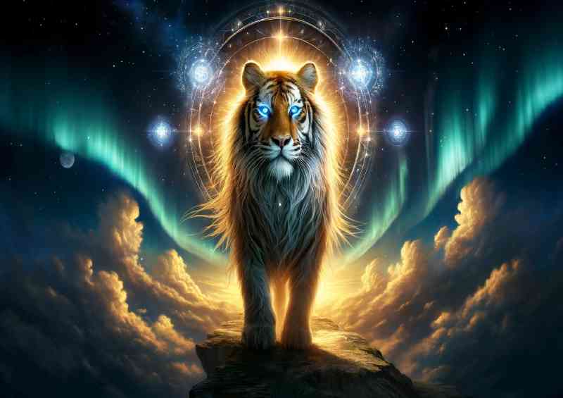 Tiger fur aglow with golden light standing on a cliff under a starry sky