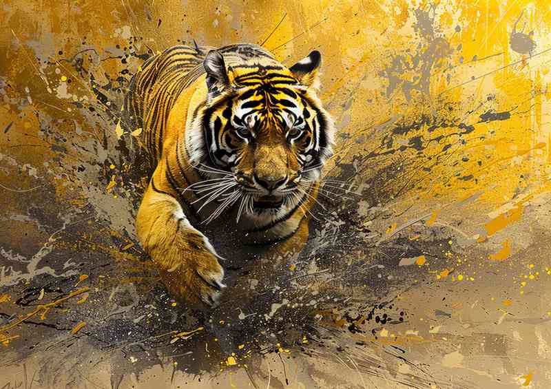 Tiger running through the splashed art