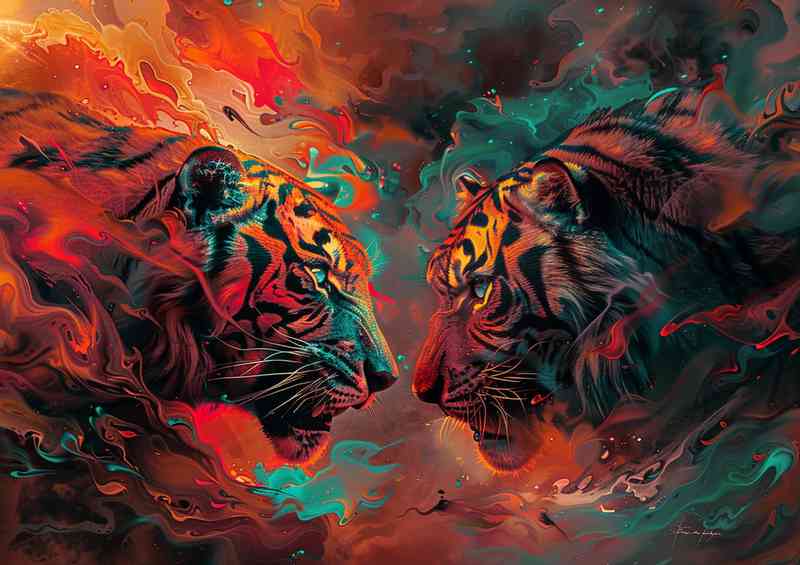 Tigers with lions eyes in flame