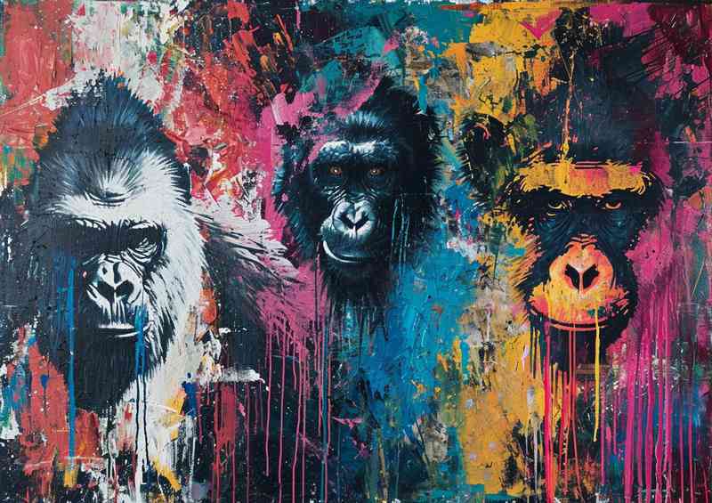 Trio of gorillas in a splashed art style