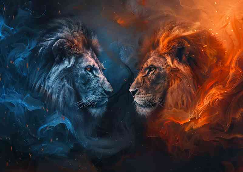 Two Majestic Lions embraced in clouds