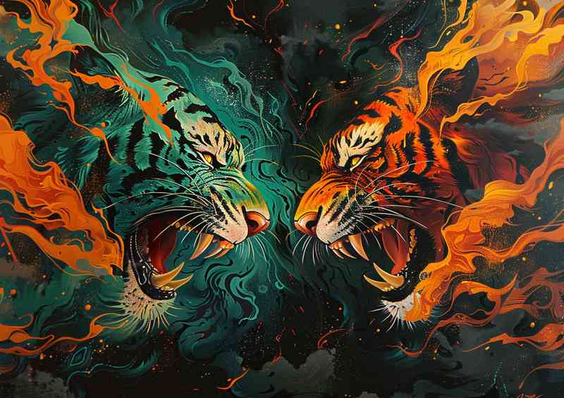 Two Tigers facing each other orange and green