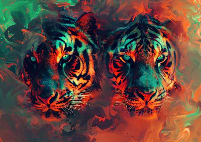 Two Tigers in flames with blue eyes