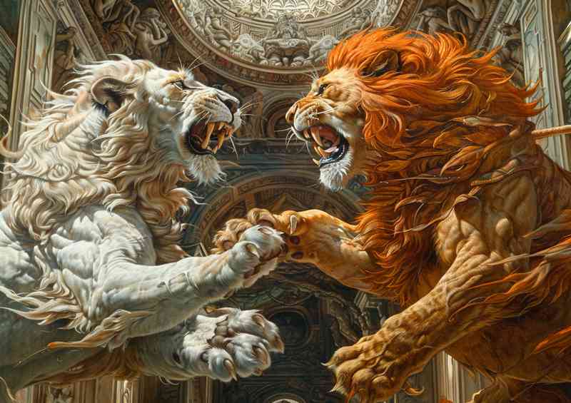 Two big Lions fighting inside an ancient temple