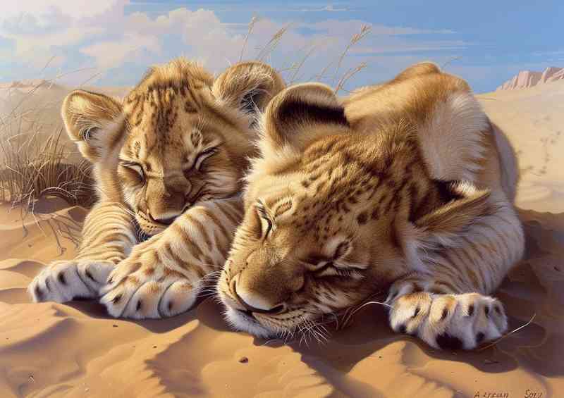 Two lion babies laying in the desert