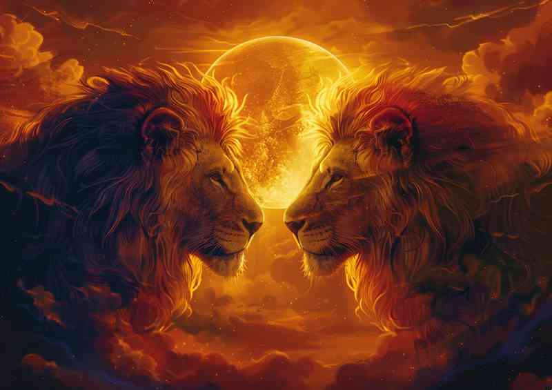 Two lions and a sun in the style of fantasy
