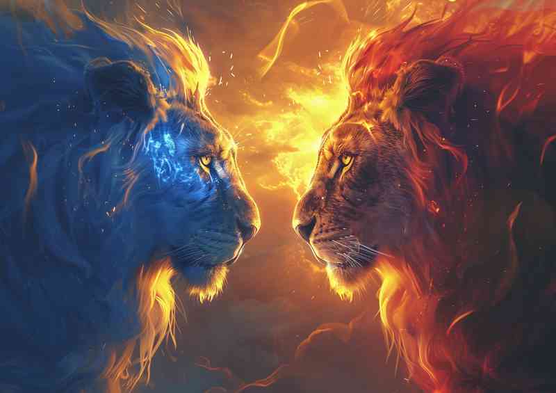Two lions and a sun in the style of fantasy worlds