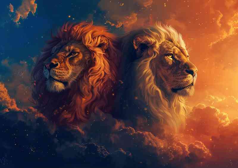 Two lions in the style of mystical sky