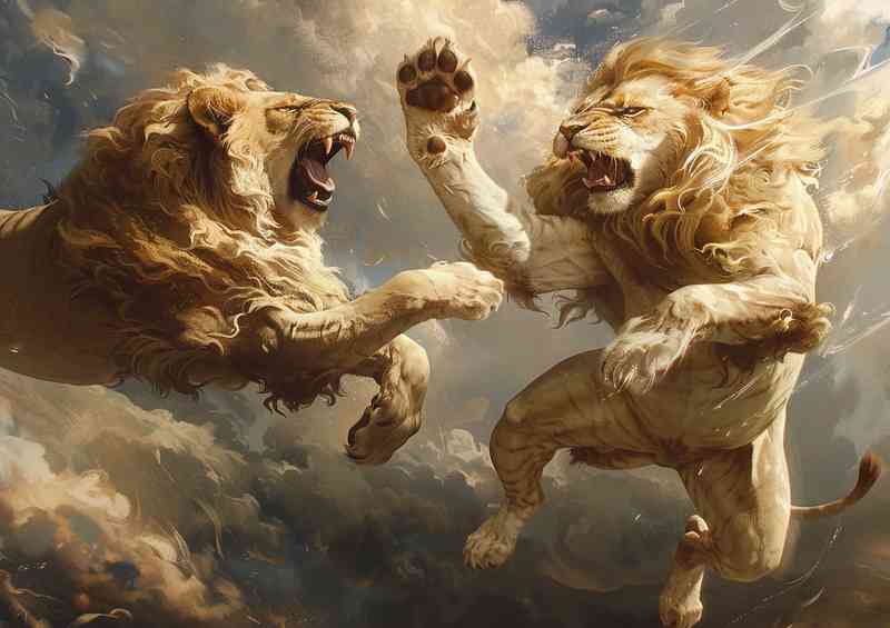 Two lions that are fighting