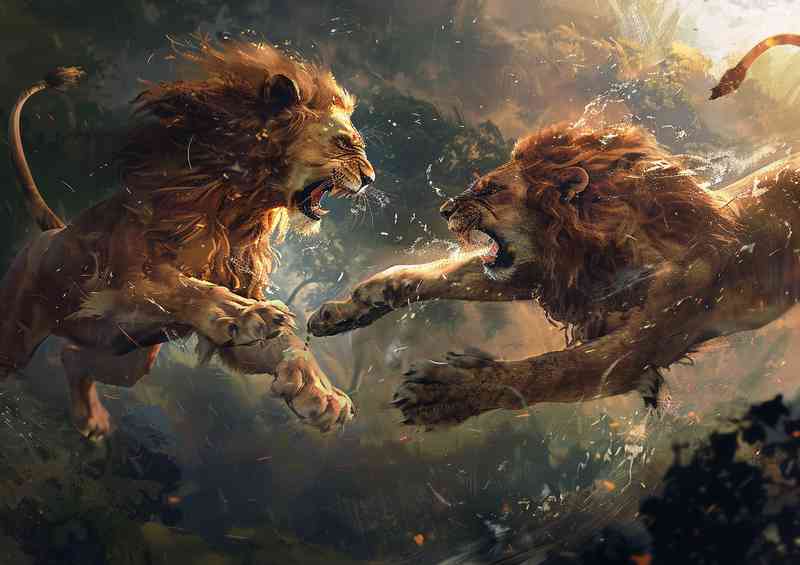 Two lions that are fighting in the air