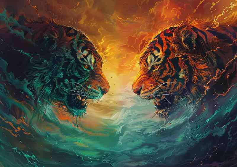 Two monster tigers facing each other in a storm