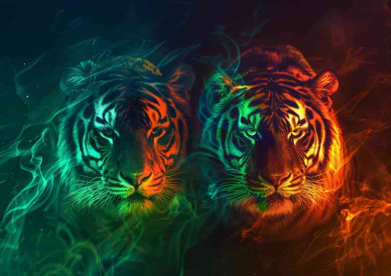 Two tigers in fire and green are standing | Metal Poster