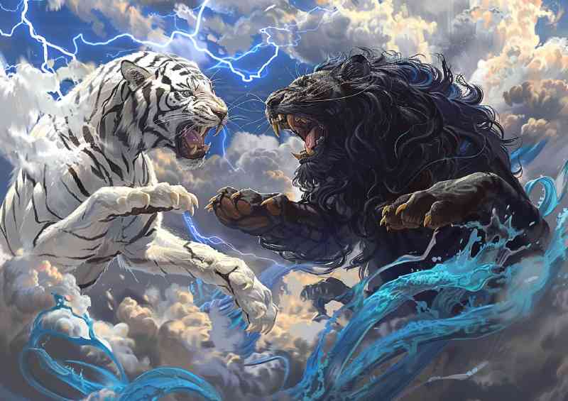White Tiger and black Lion Fighting fierce