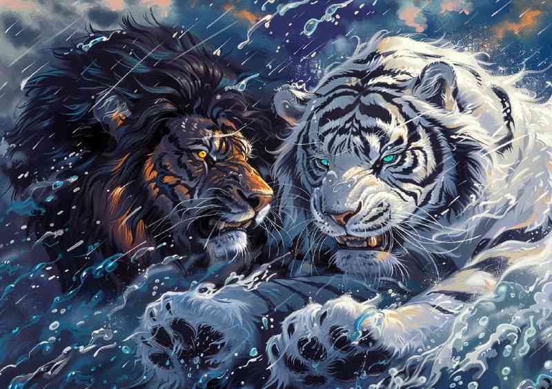 White Tiger and black Lion fierce expression