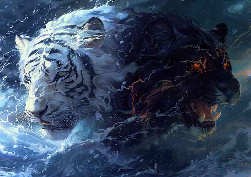White Tiger and black Lion fierce storm