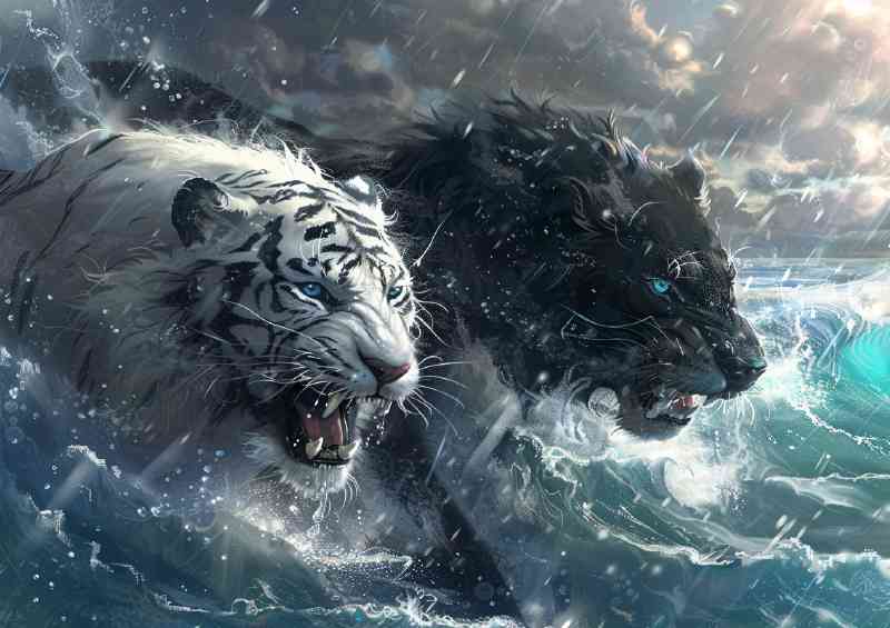 White Tiger and black Lion in water